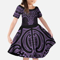 Waiporoporo Maori Ta Moko Poutama Art Family Matching Summer Maxi Dress and Hawaiian Shirt LT9 Daughter's Dress Purple - Polynesian Pride