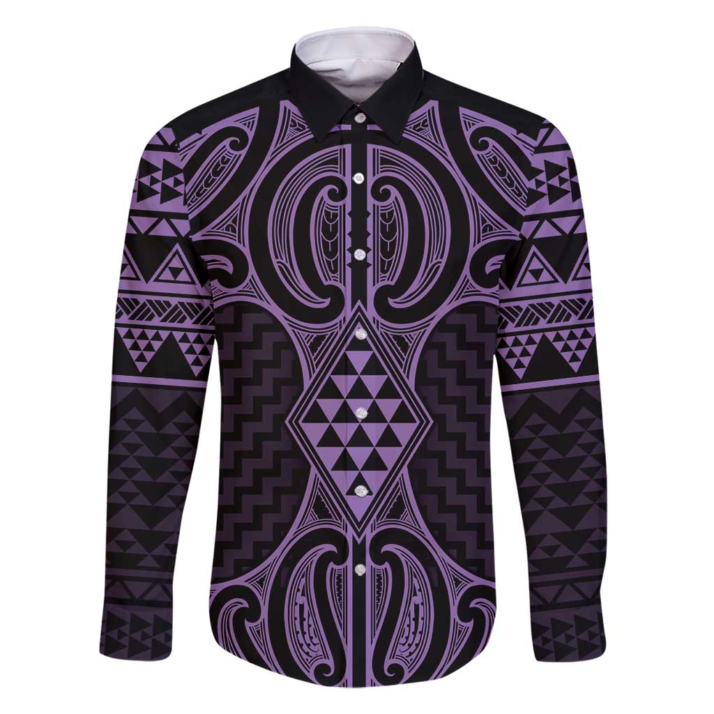 Waiporoporo Maori Ta Moko Poutama Art Family Matching Tank Maxi Dress and Hawaiian Shirt LT9 Dad's Shirt - Long Sleeve Purple - Polynesian Pride