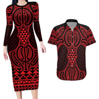Whero Maori Ta Moko Poutama Art Couples Matching Long Sleeve Bodycon Dress and Hawaiian Shirt
