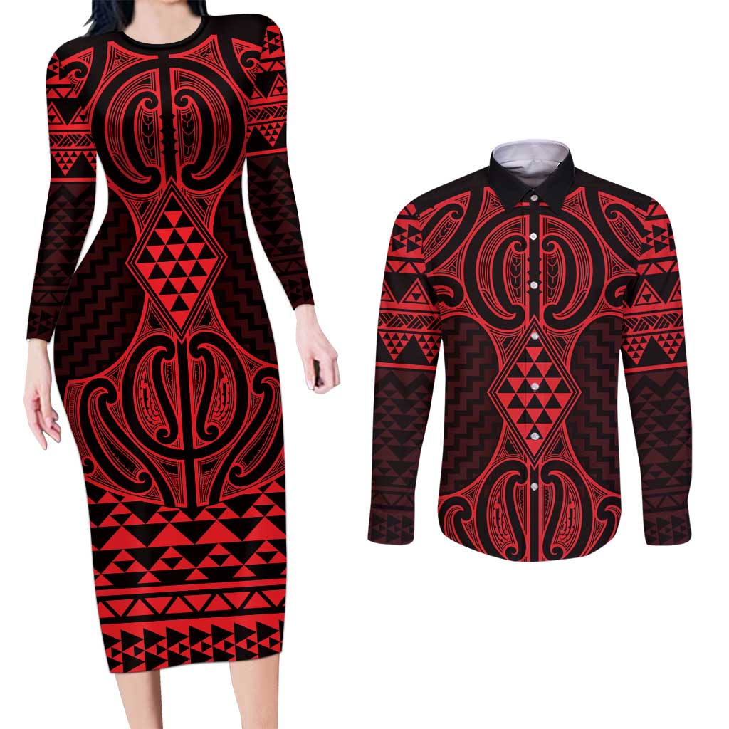 Whero Maori Ta Moko Poutama Art Couples Matching Long Sleeve Bodycon Dress and Long Sleeve Button Shirt LT9 Red - Polynesian Pride