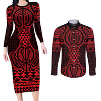 Whero Maori Ta Moko Poutama Art Couples Matching Long Sleeve Bodycon Dress and Long Sleeve Button Shirt LT9 Red - Polynesian Pride