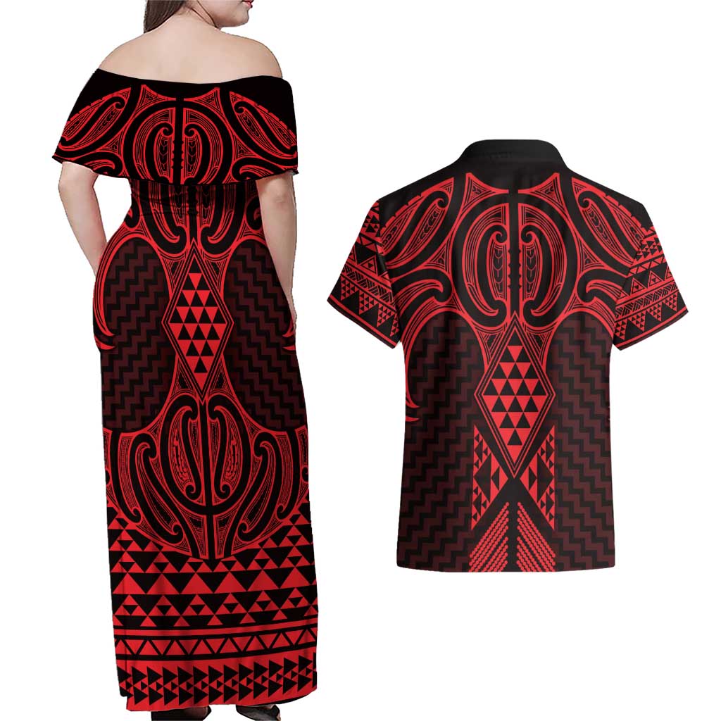 Whero Maori Ta Moko Poutama Art Couples Matching Off Shoulder Maxi Dress and Hawaiian Shirt LT9 - Polynesian Pride
