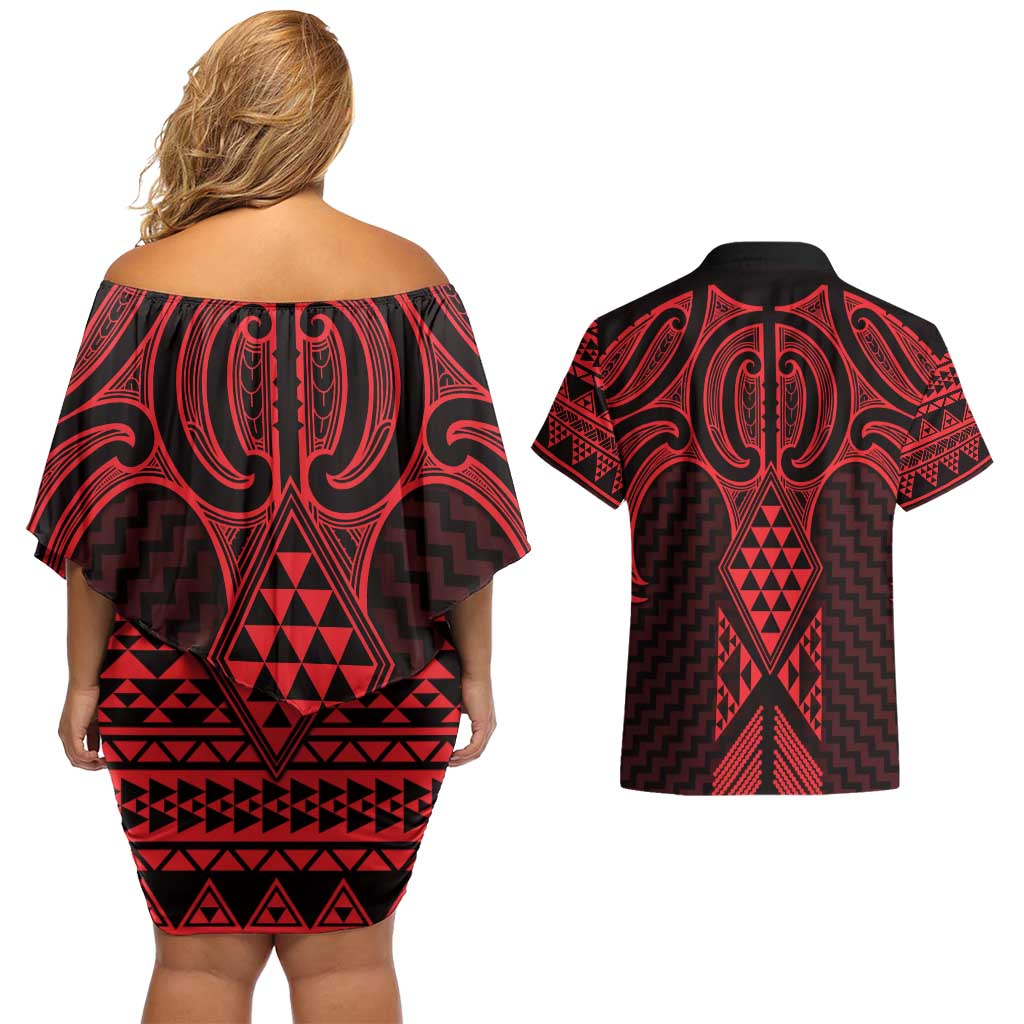 Whero Maori Ta Moko Poutama Art Couples Matching Off Shoulder Short Dress and Hawaiian Shirt LT9 - Polynesian Pride