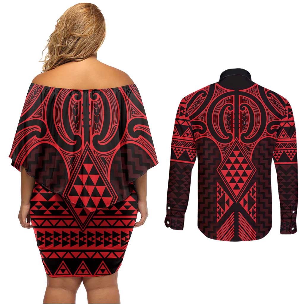 Whero Maori Ta Moko Poutama Art Couples Matching Off Shoulder Short Dress and Long Sleeve Button Shirt LT9 - Polynesian Pride