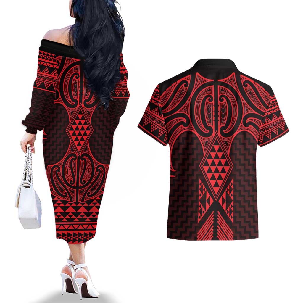 Whero Maori Ta Moko Poutama Art Couples Matching Off The Shoulder Long Sleeve Dress and Hawaiian Shirt
