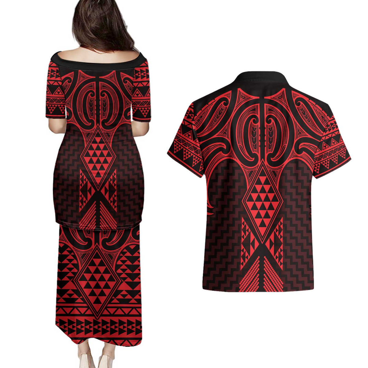 Whero Maori Ta Moko Poutama Art Couples Matching Puletasi and Hawaiian Shirt LT9 - Polynesian Pride