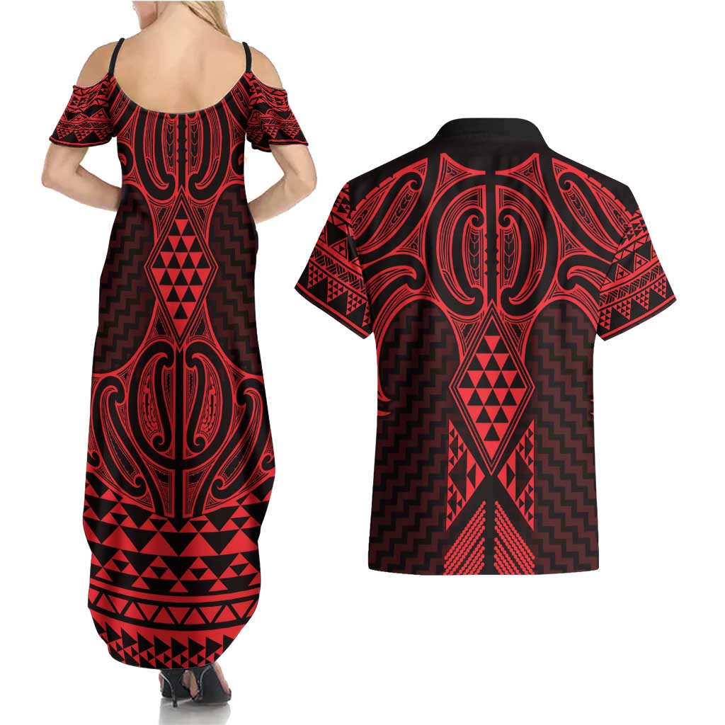 Whero Maori Ta Moko Poutama Art Couples Matching Summer Maxi Dress and Hawaiian Shirt LT9 - Polynesian Pride