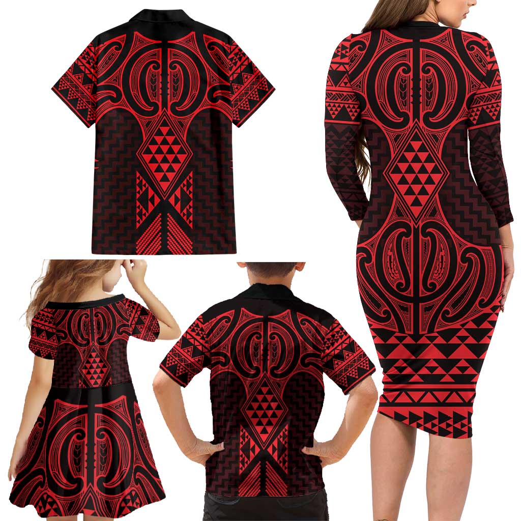 Whero Maori Ta Moko Poutama Art Family Matching Long Sleeve Bodycon Dress and Hawaiian Shirt LT9 - Polynesian Pride