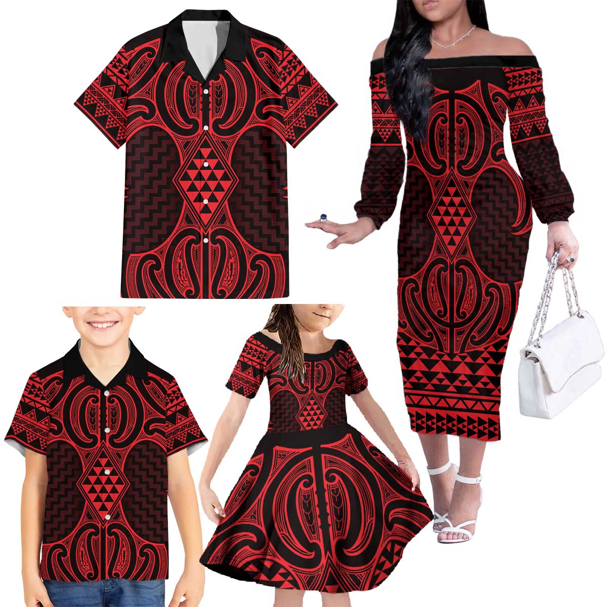 Whero Maori Ta Moko Poutama Art Family Matching Off The Shoulder Long Sleeve Dress and Hawaiian Shirt