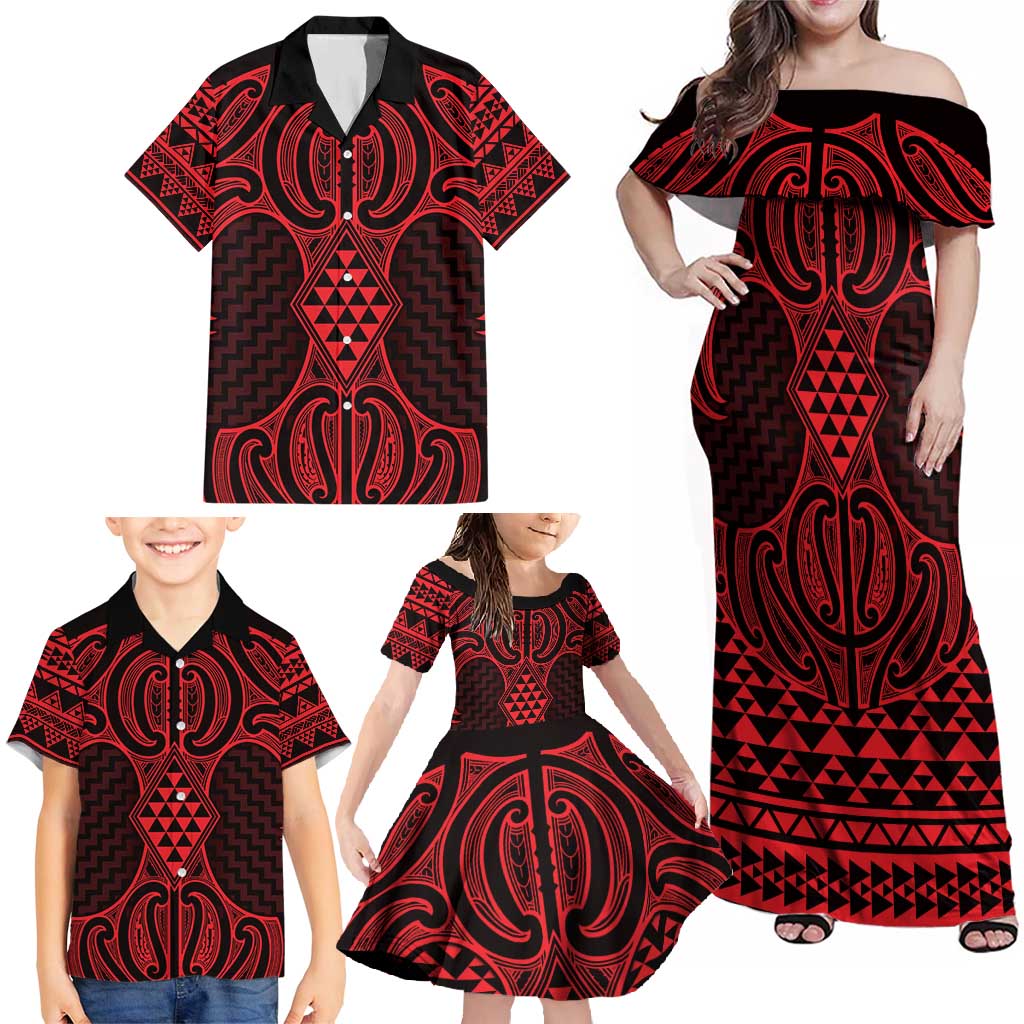 Whero Maori Ta Moko Poutama Art Family Matching Off Shoulder Maxi Dress and Hawaiian Shirt