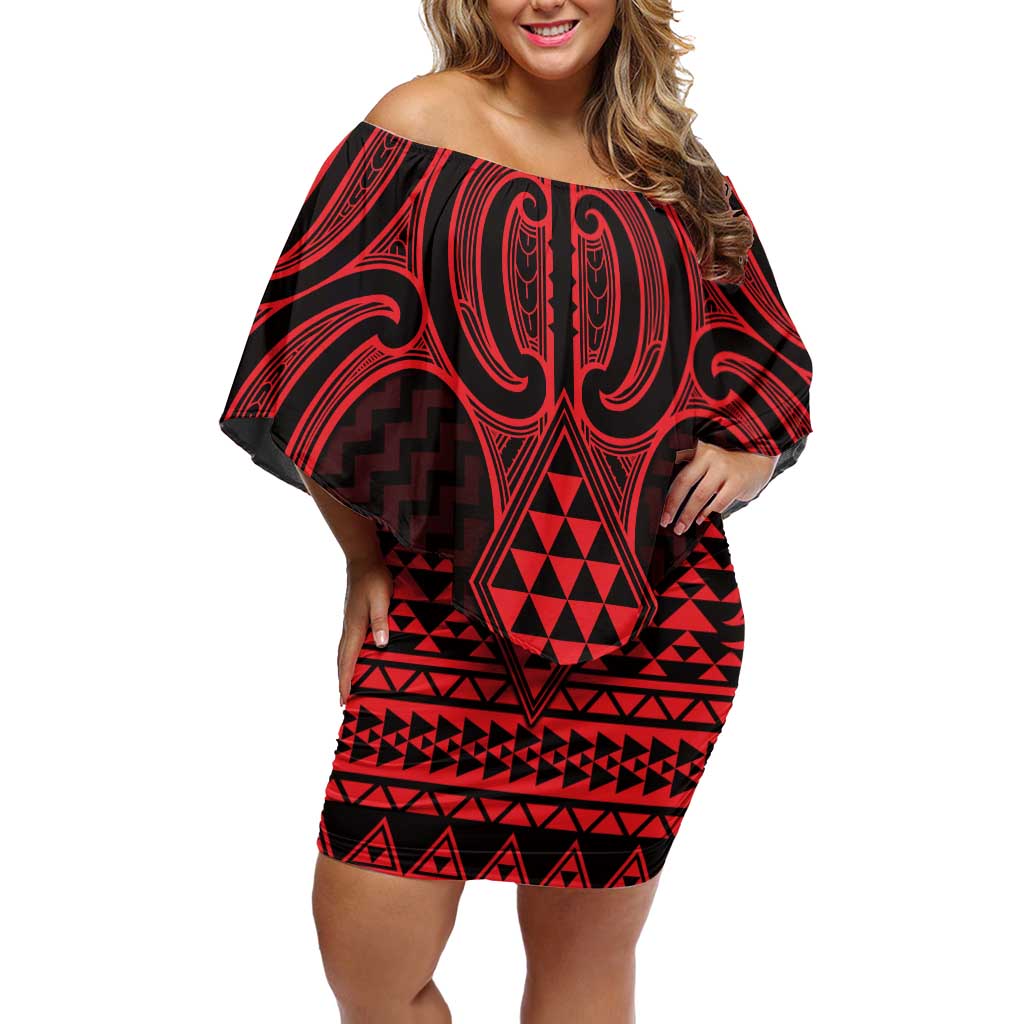 Whero Maori Ta Moko Poutama Art Family Matching Off Shoulder Short Dress and Hawaiian Shirt LT9 Mom's Dress Red - Polynesian Pride
