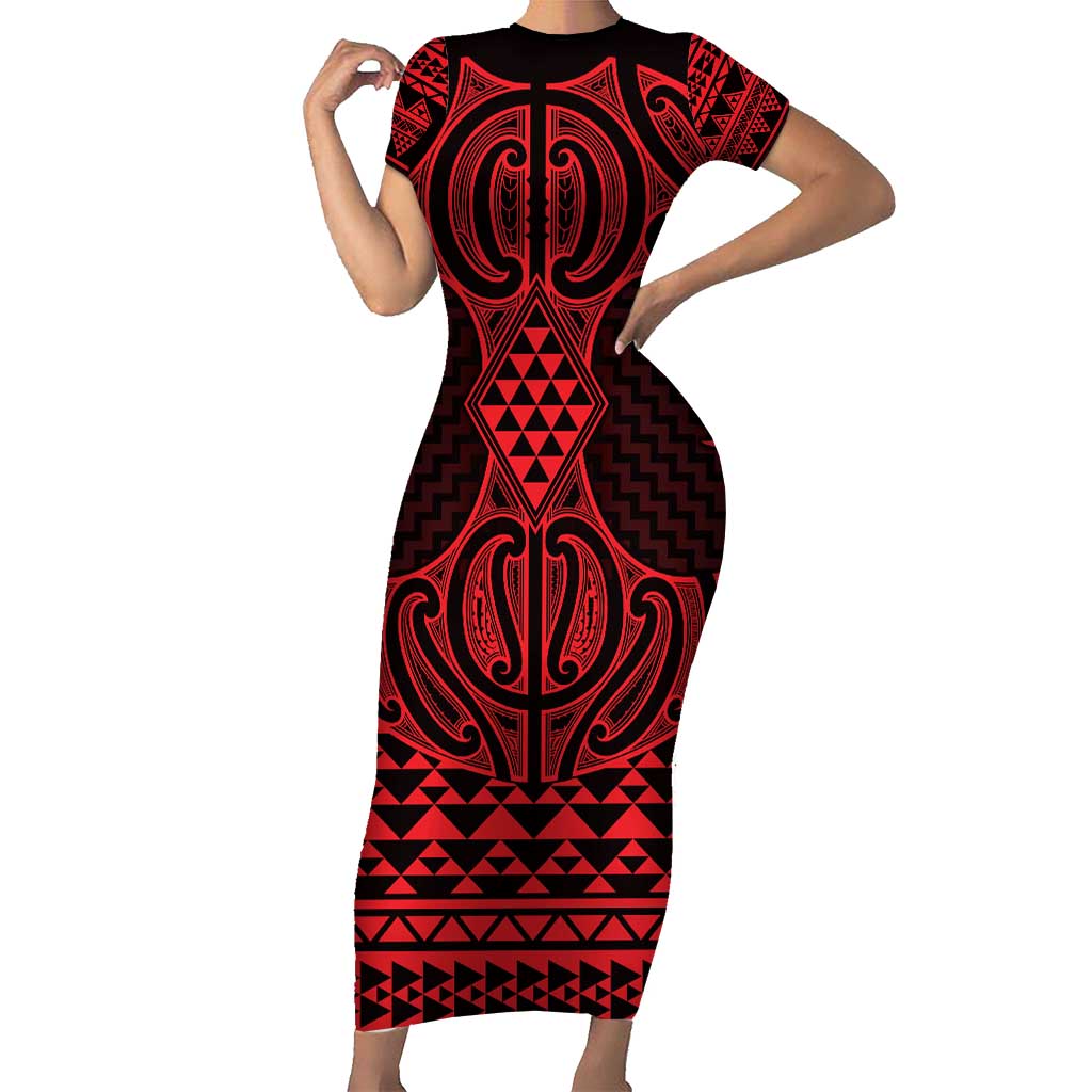Whero Maori Ta Moko Poutama Art Family Matching Short Sleeve Bodycon Dress and Hawaiian Shirt LT9 Mom's Dress Red - Polynesian Pride