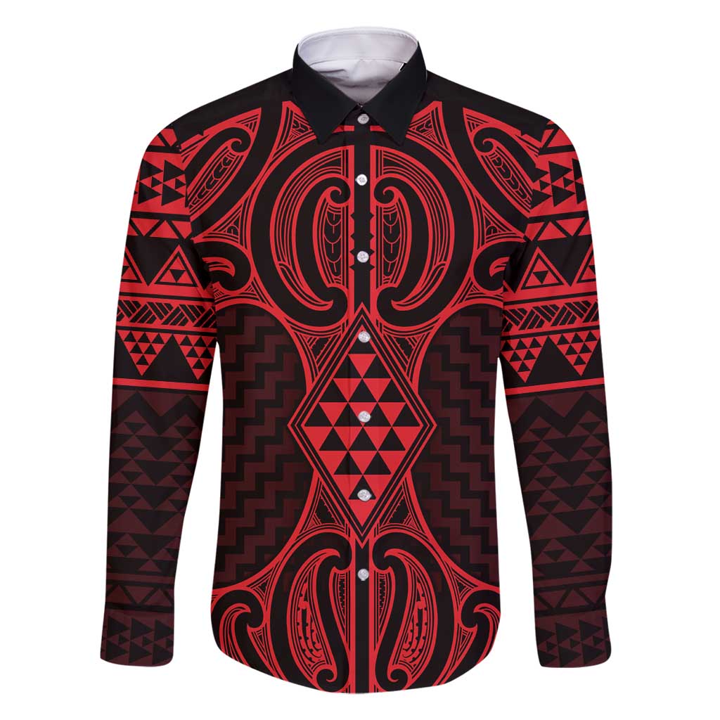 Whero Maori Ta Moko Poutama Art Family Matching Summer Maxi Dress and Hawaiian Shirt LT9 Dad's Shirt - Long Sleeve Red - Polynesian Pride