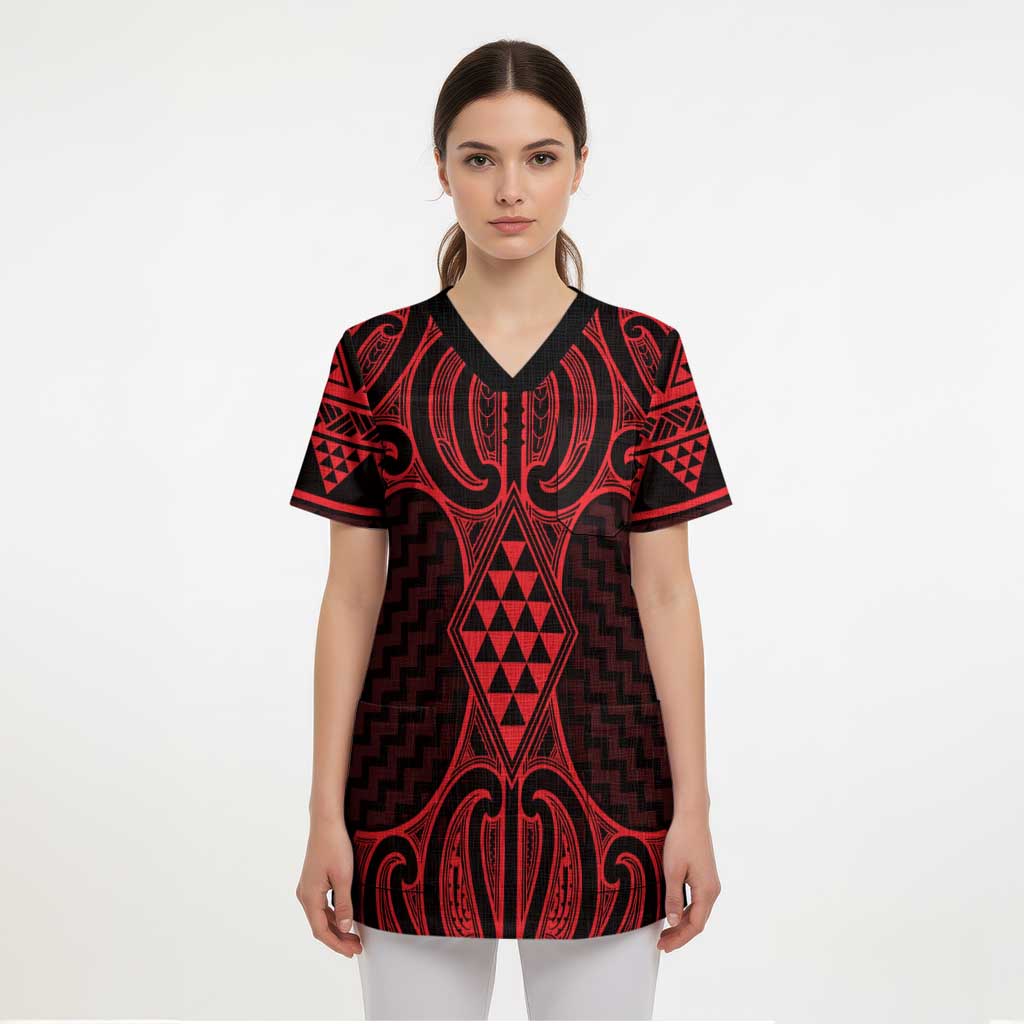 Whero Maori Ta Moko Poutama Art Scrub Top - Polynesian Pride