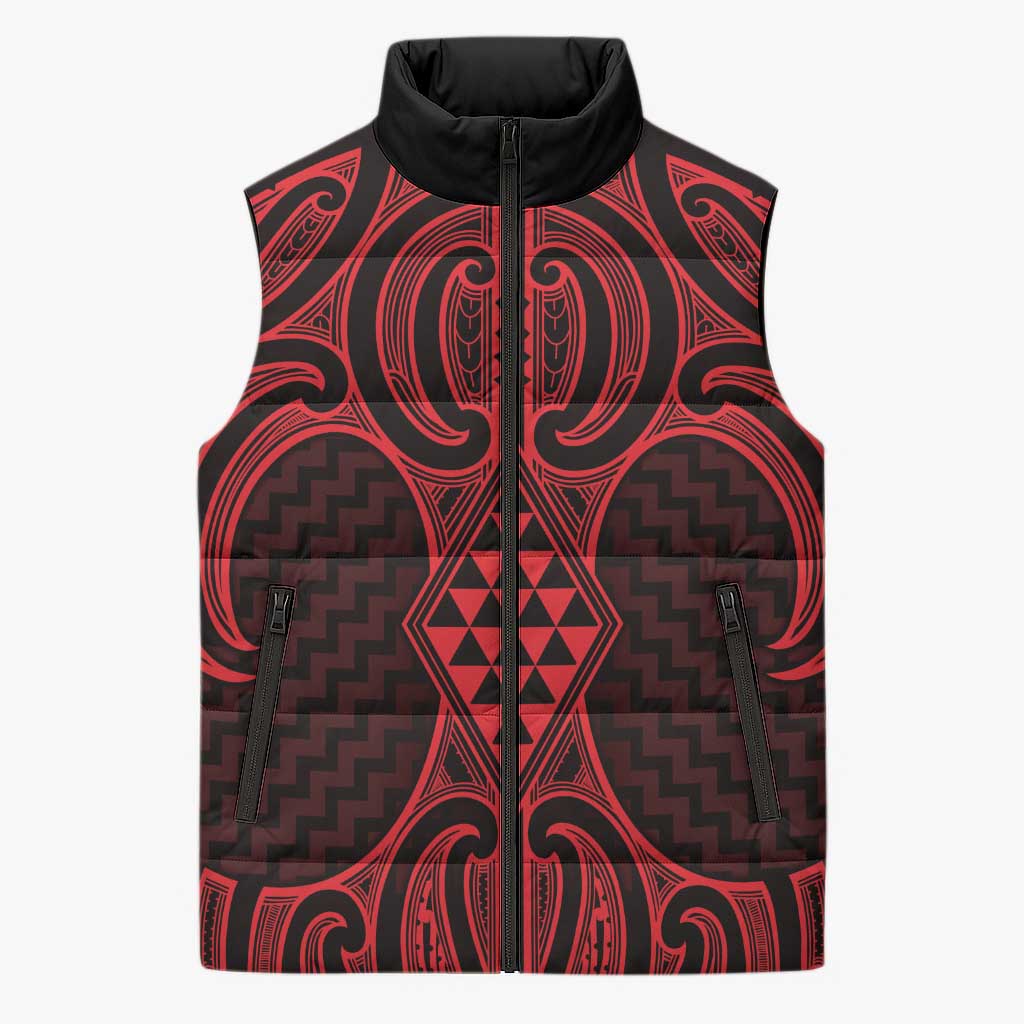 Whero Maori Ta Moko Poutama Art Sleeveless Puffer Jacket - Polynesian Pride