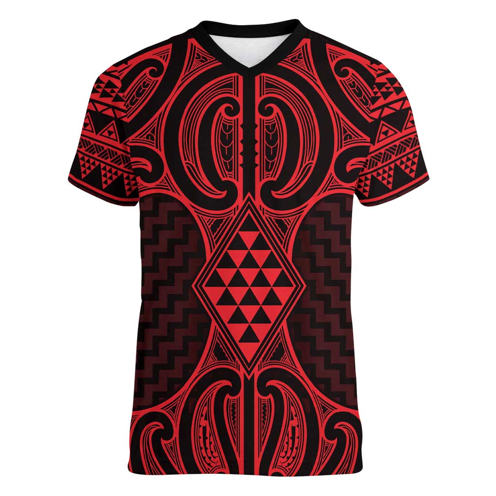 Whero Maori Ta Moko Poutama Art Women V-Neck T-Shirt LT9 Female Red - Polynesian Pride