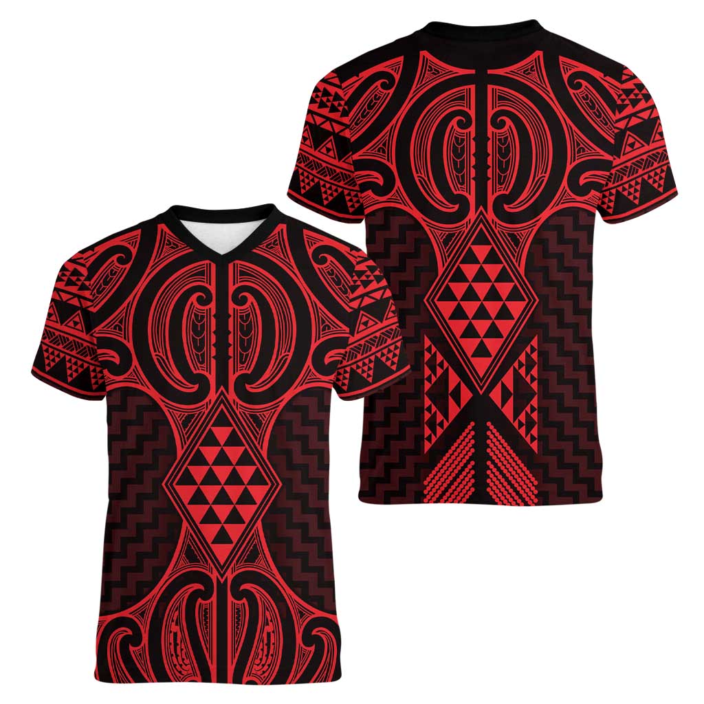 Whero Maori Ta Moko Poutama Art Women V-Neck T-Shirt LT9 - Polynesian Pride