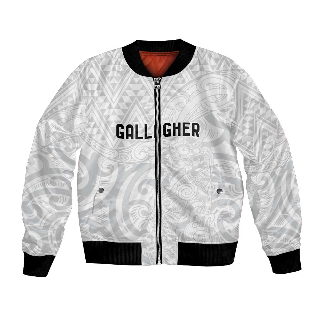 New Zealand Rangatira Custom Bomber Jacket All White Niho Taniwha Maori Tribal