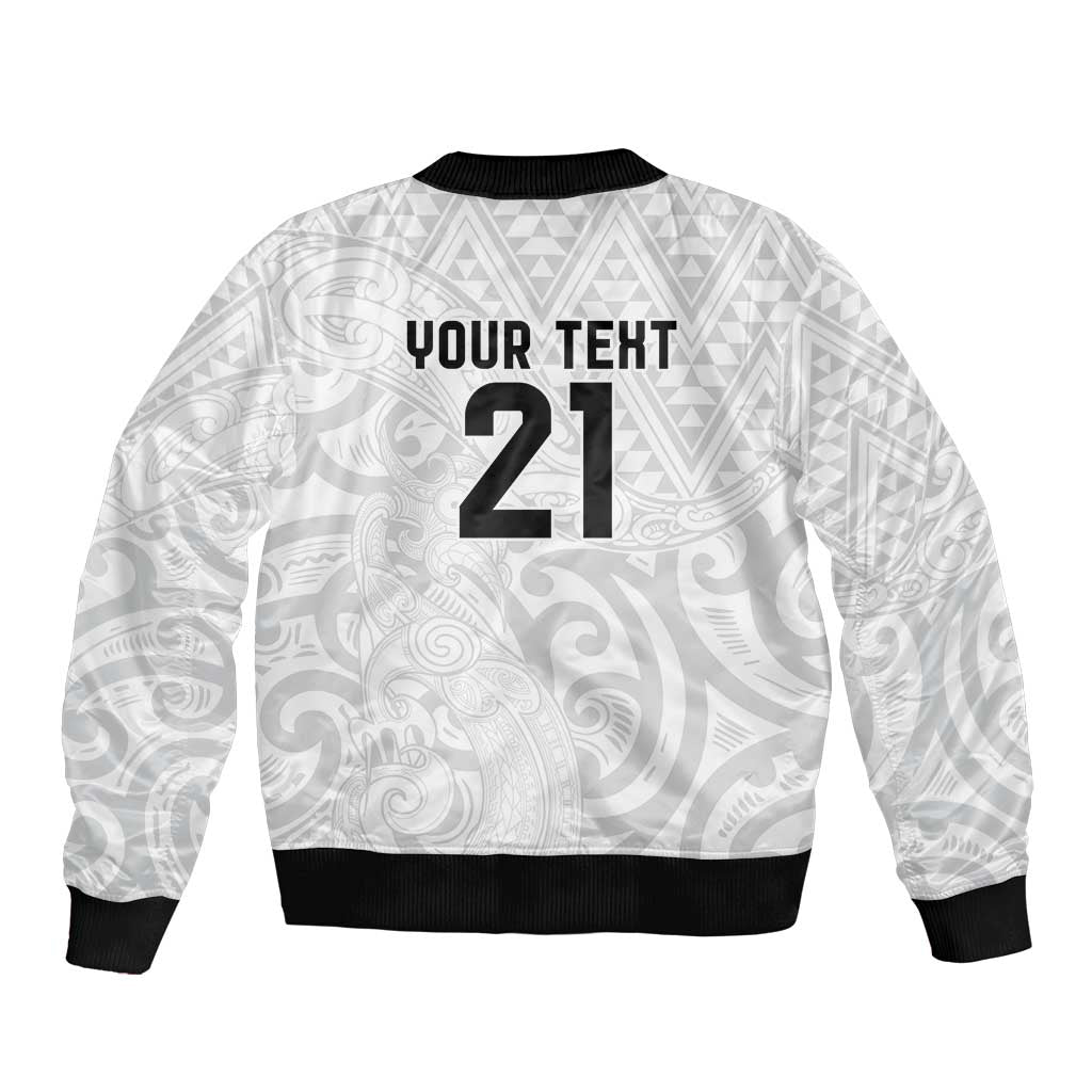 New Zealand Rangatira Custom Bomber Jacket All White Niho Taniwha Maori Tribal