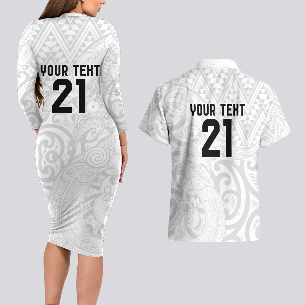 New Zealand Rangatira Custom Couples Matching Long Sleeve Bodycon Dress and Hawaiian Shirt All White Niho Taniwha Maori Tribal
