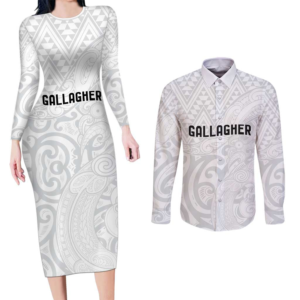 New Zealand Rangatira Custom Couples Matching Long Sleeve Bodycon Dress and Long Sleeve Button Shirt All White Niho Taniwha Maori Tribal LT9 White - Polynesian Pride