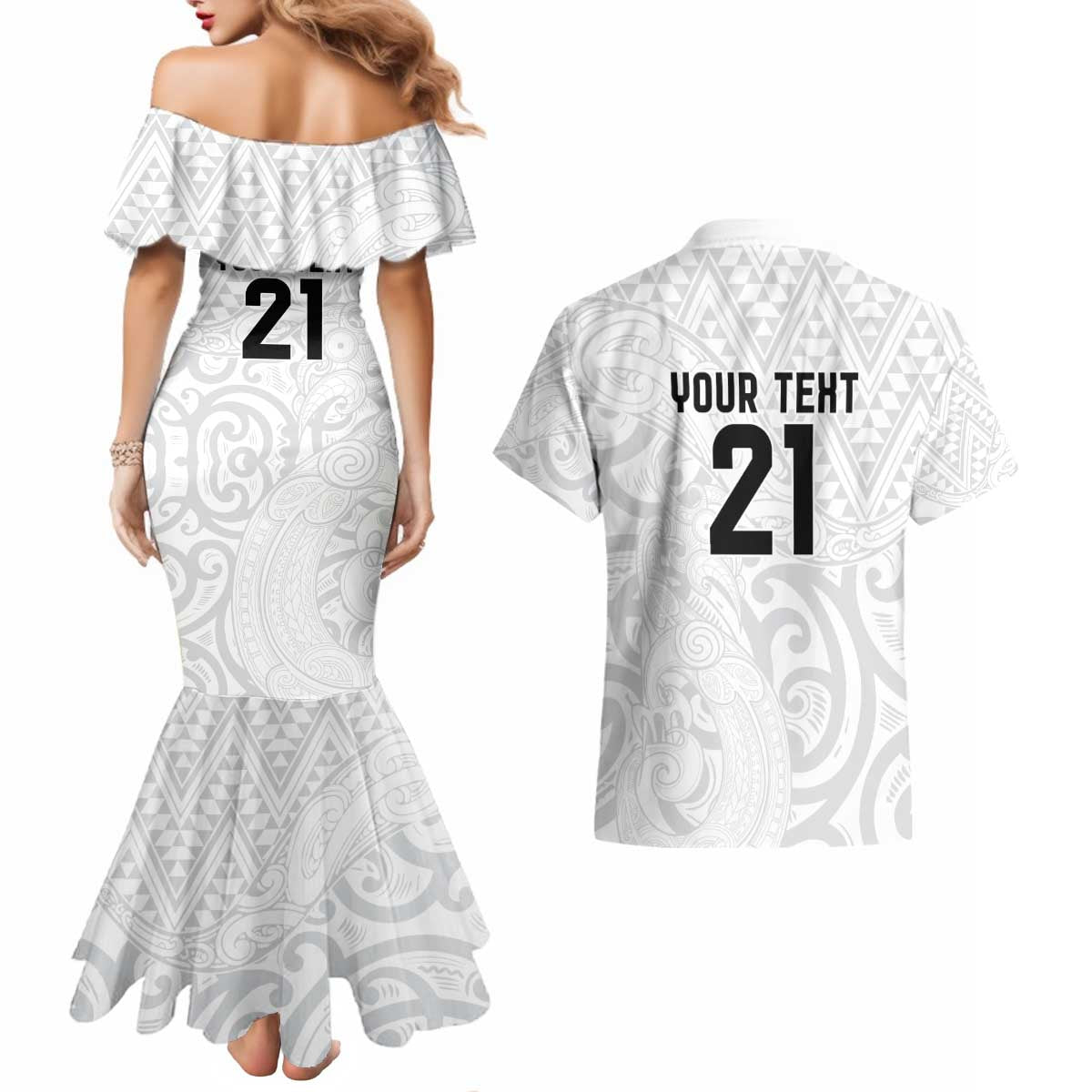 New Zealand Rangatira Custom Couples Matching Mermaid Dress and Hawaiian Shirt All White Niho Taniwha Maori Tribal LT9 - Polynesian Pride