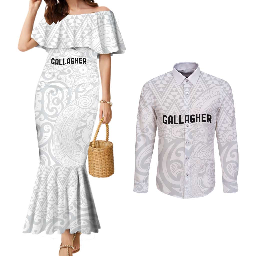 New Zealand Rangatira Custom Couples Matching Mermaid Dress and Long Sleeve Button Shirt All White Niho Taniwha Maori Tribal LT9 White - Polynesian Pride