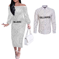 New Zealand Rangatira Custom Couples Matching Off The Shoulder Long Sleeve Dress and Long Sleeve Button Shirt All White Niho Taniwha Maori Tribal LT9 White - Polynesian Pride