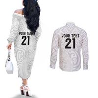 New Zealand Rangatira Custom Couples Matching Off The Shoulder Long Sleeve Dress and Long Sleeve Button Shirt All White Niho Taniwha Maori Tribal LT9 - Polynesian Pride