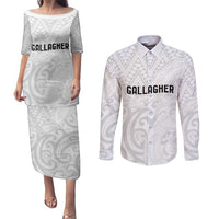 New Zealand Rangatira Custom Couples Matching Puletasi and Long Sleeve Button Shirt All White Niho Taniwha Maori Tribal LT9 White - Polynesian Pride