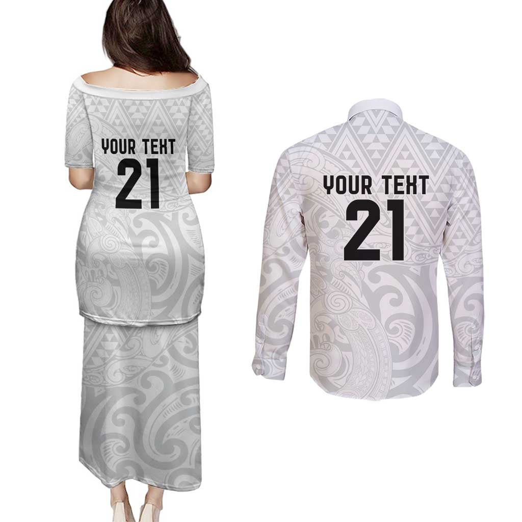 New Zealand Rangatira Custom Couples Matching Puletasi and Long Sleeve Button Shirt All White Niho Taniwha Maori Tribal LT9 - Polynesian Pride