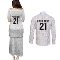 New Zealand Rangatira Custom Couples Matching Puletasi and Long Sleeve Button Shirt All White Niho Taniwha Maori Tribal LT9 - Polynesian Pride