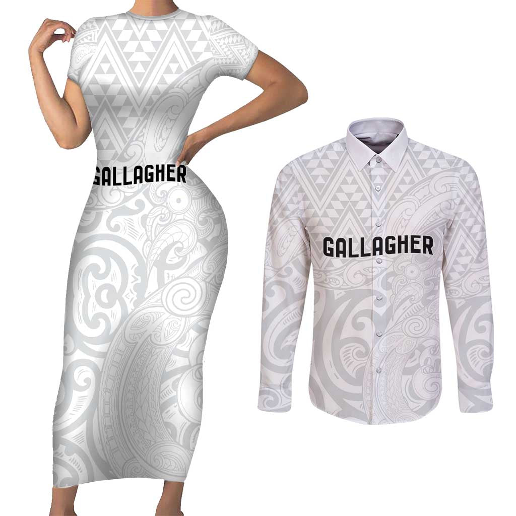 New Zealand Rangatira Custom Couples Matching Short Sleeve Bodycon Dress and Long Sleeve Button Shirt All White Niho Taniwha Maori Tribal LT9 White - Polynesian Pride