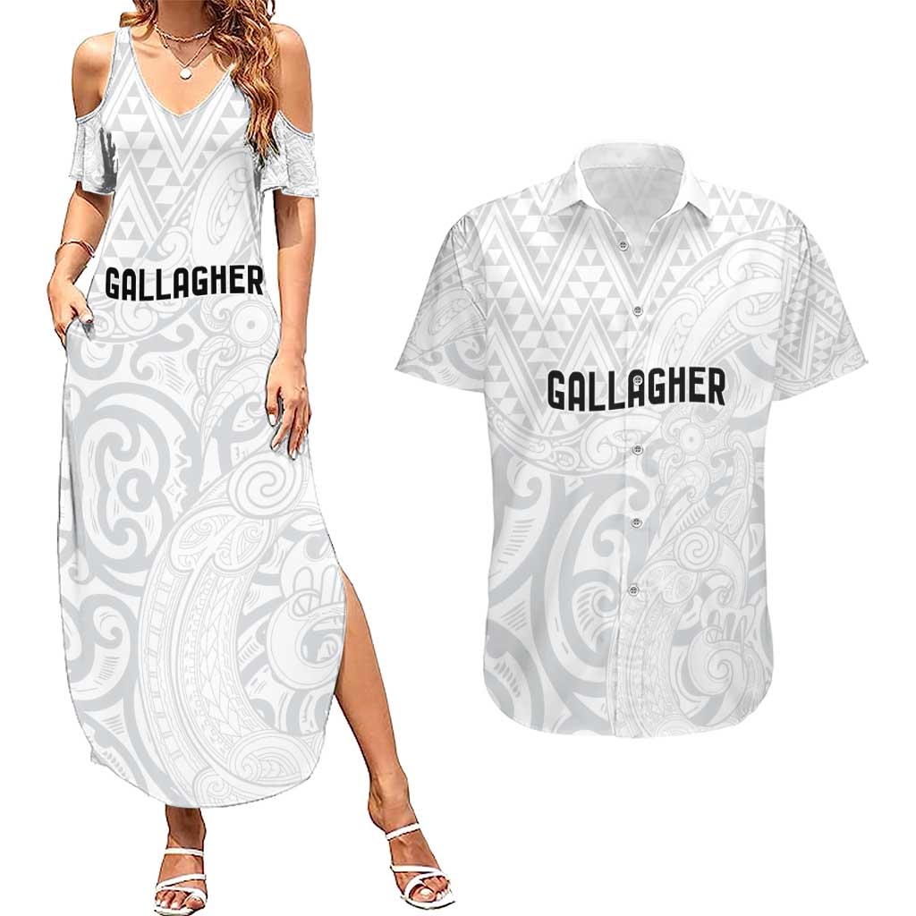New Zealand Rangatira Custom Couples Matching Summer Maxi Dress and Hawaiian Shirt All White Niho Taniwha Maori Tribal LT9 White - Polynesian Pride
