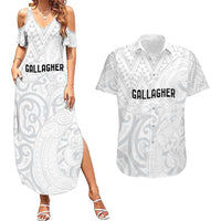 New Zealand Rangatira Custom Couples Matching Summer Maxi Dress and Hawaiian Shirt All White Niho Taniwha Maori Tribal LT9 White - Polynesian Pride