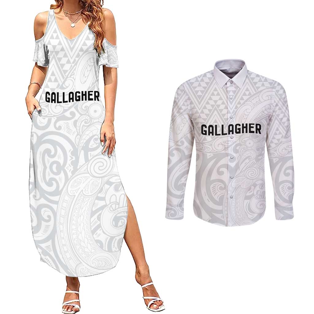 New Zealand Rangatira Custom Couples Matching Summer Maxi Dress and Long Sleeve Button Shirt All White Niho Taniwha Maori Tribal LT9 White - Polynesian Pride