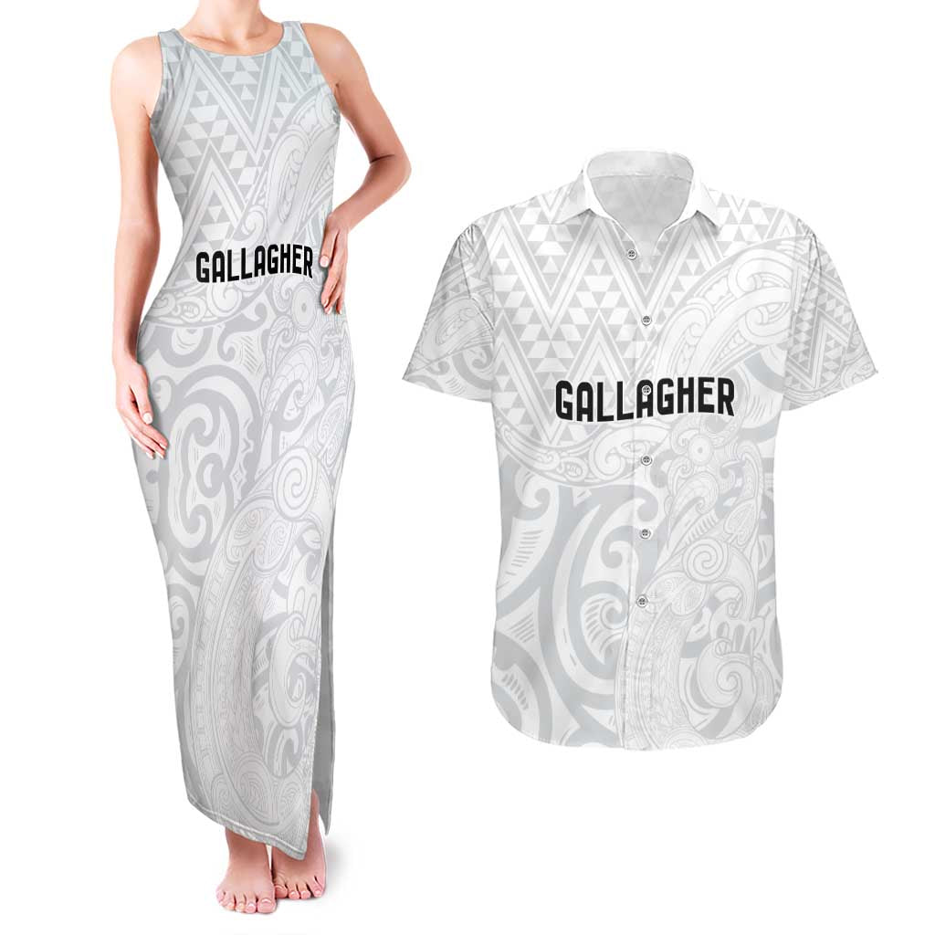New Zealand Rangatira Custom Couples Matching Tank Maxi Dress and Hawaiian Shirt All White Niho Taniwha Maori Tribal LT9 White - Polynesian Pride
