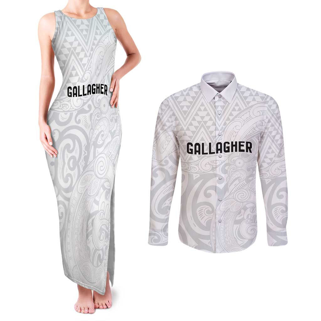 New Zealand Rangatira Custom Couples Matching Tank Maxi Dress and Long Sleeve Button Shirt All White Niho Taniwha Maori Tribal LT9 White - Polynesian Pride