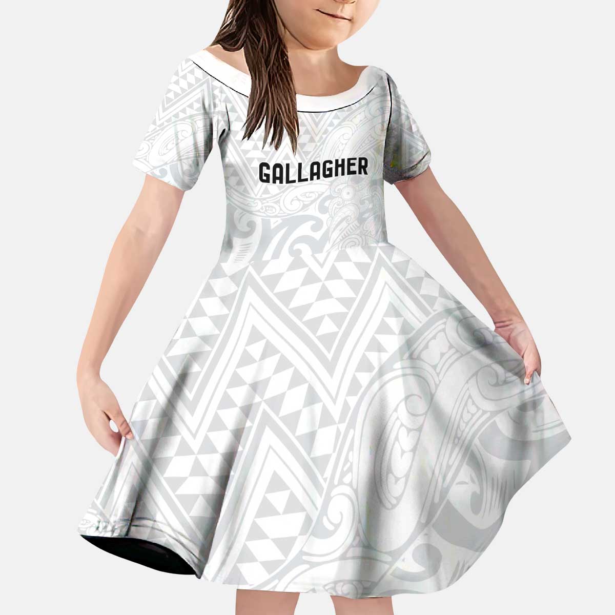 New Zealand Rangatira Custom Kid Short Sleeve Dress All White Niho Taniwha Maori Tribal