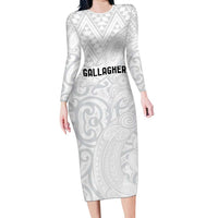 New Zealand Rangatira Custom Long Sleeve Bodycon Dress All White Niho Taniwha Maori Tribal