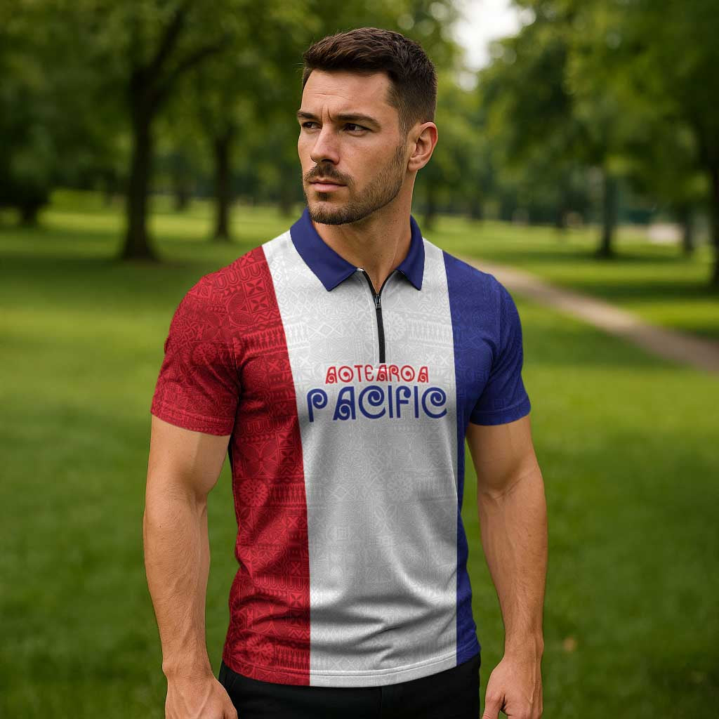 New Zealand Rugby Pacific Personalised Zipper Polo Shirt Maori Style Tribal Tapa Pattern - Polynesian Pride