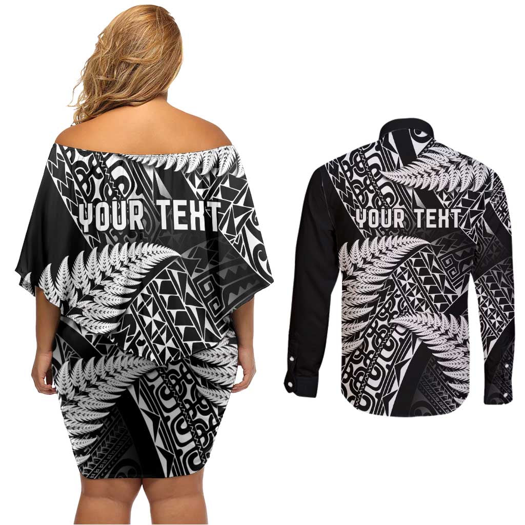 New Zealand Rugby Pacific Personalised Couples Matching Off Shoulder Short Dress and Long Sleeve Button Shirt All Black Maori Pasifika Fern Pattern LT9 - Polynesian Pride