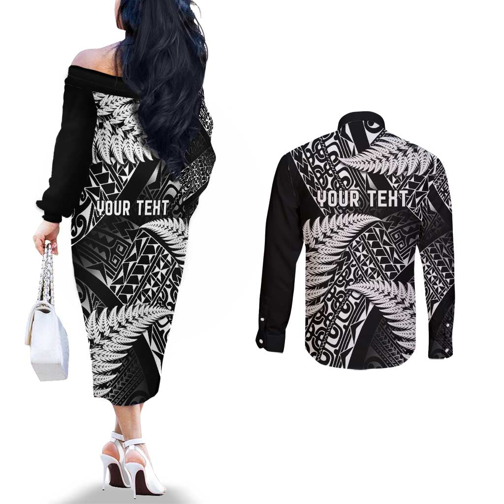 New Zealand Rugby Pacific Personalised Couples Matching Off The Shoulder Long Sleeve Dress and Long Sleeve Button Shirt All Black Maori Pasifika Fern Pattern