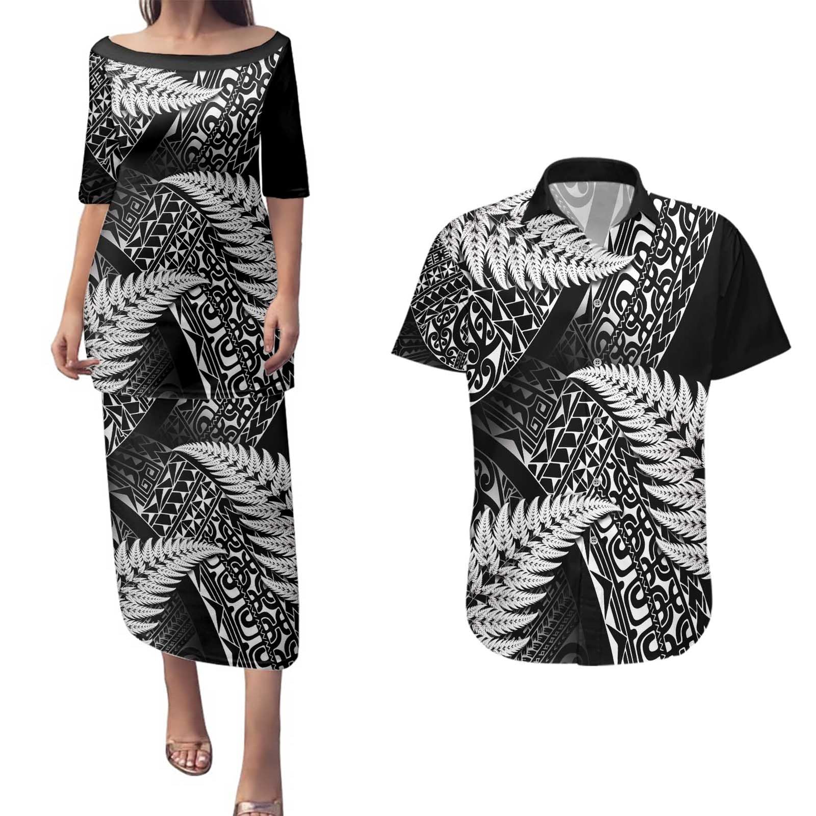 New Zealand Rugby Pacific Personalised Couples Matching Puletasi and Hawaiian Shirt All Black Maori Pasifika Fern Pattern