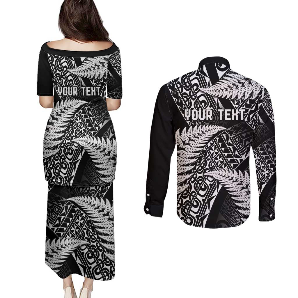 New Zealand Rugby Pacific Personalised Couples Matching Puletasi and Long Sleeve Button Shirt All Black Maori Pasifika Fern Pattern