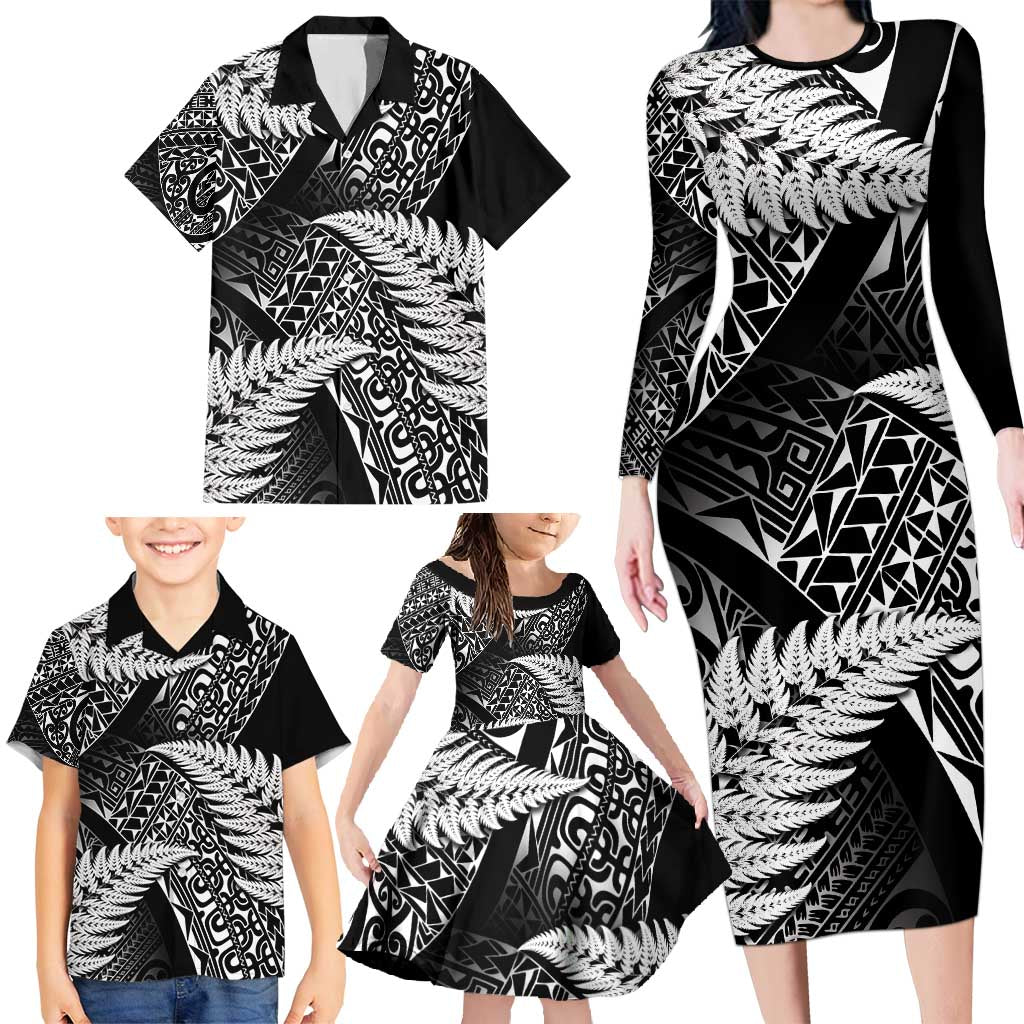 New Zealand Rugby Pacific Personalised Family Matching Long Sleeve Bodycon Dress and Hawaiian Shirt All Black Maori Pasifika Fern Pattern LT9 - Polynesian Pride