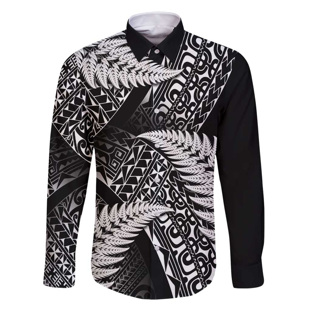 New Zealand Rugby Pacific Personalised Family Matching Long Sleeve Bodycon Dress and Hawaiian Shirt All Black Maori Pasifika Fern Pattern LT9 Dad's Shirt - Long Sleeve Black - Polynesian Pride