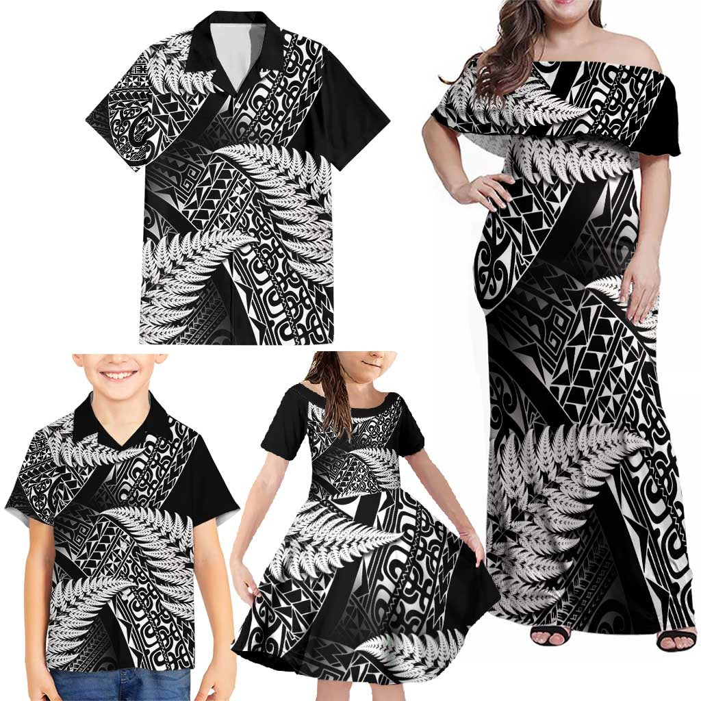 New Zealand Rugby Pacific Personalised Family Matching Off Shoulder Maxi Dress and Hawaiian Shirt All Black Maori Pasifika Fern Pattern