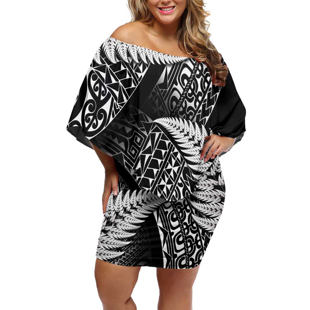 New Zealand Rugby Pacific Personalised Family Matching Off Shoulder Short Dress and Hawaiian Shirt All Black Maori Pasifika Fern Pattern