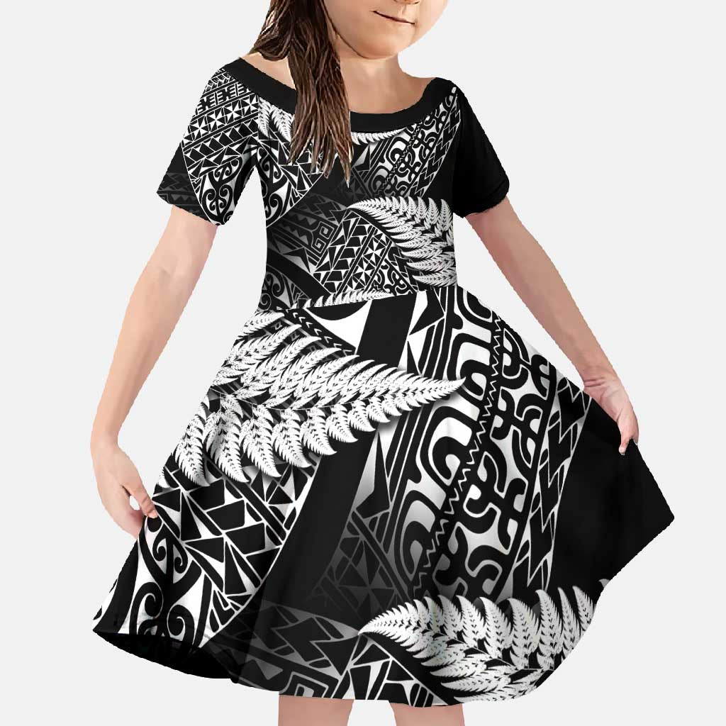 New Zealand Rugby Pacific Personalised Family Matching Short Sleeve Bodycon Dress and Hawaiian Shirt All Black Maori Pasifika Fern Pattern LT9 Daughter's Dress Black - Polynesian Pride
